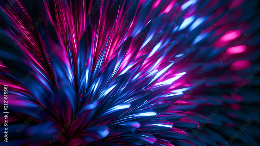 Fototapeta premium A striking abstract macro photograph capturing the intricate details of metallic petals, illuminated by vibrant neon blue and pink light. AI generative