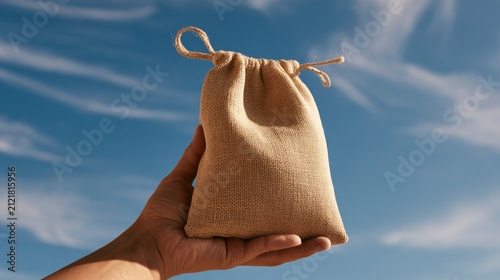 Hand Holding a Small Burlap Drawstring Bag Against a Clear Blue Sky Background