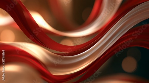 Abstract background with flowing red and golden silk ribbons, elegant luxury waves and soft bokeh light effects