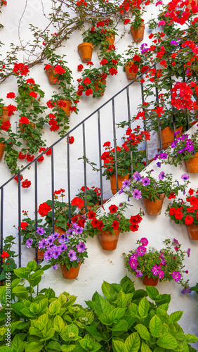 Flower-filled staircase at Córdoba courtyard with terracotta pots