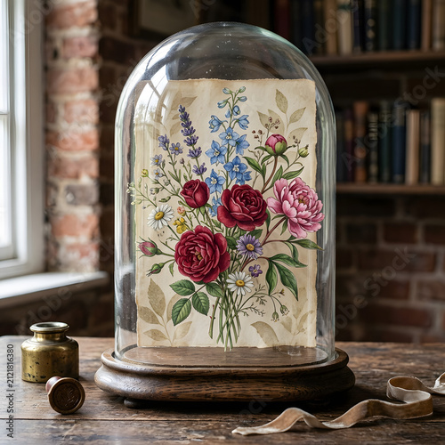 Vintage oval mirror with floral still life and antique objects.