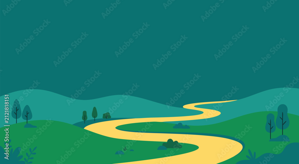 Obraz premium Scenic rolling green hills landscape vector illustration design featuring a winding yellow path through a peaceful natural meadow environment