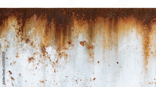 Close-up of heavily rusted metal edge with brown streaks and orange stains on white painted surface
