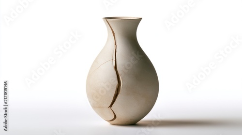 Minimalist Broken Ceramic Vase with a Large Crack, Wabi-Sabi Concept of Imperfection, Isolated on White Background
