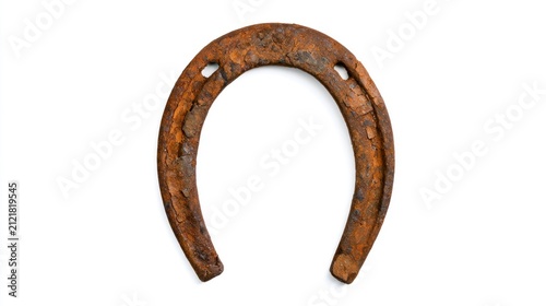 Antique rusty horseshoe isolated on a white background, a traditional symbol of good luck and fortune.