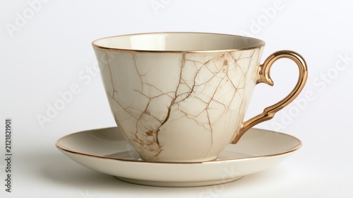 Elegant Vintage Porcelain Teacup and Saucer with Gold Trim and Beautiful Cracked Texture, Wabi-Sabi Inspired Design