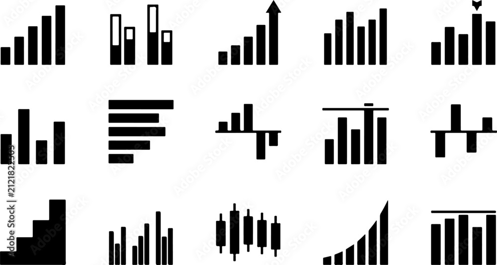 Obraz premium Set of black and white bar graph icons representing business data analysis and financial growth statistics