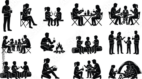 Foto Black silhouette of families and friends enjoying hot drinks around a campfire o