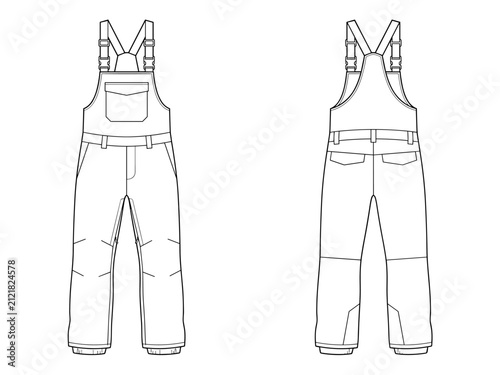 Bib Overalls Dungarees Flat Technical Drawing Illustration Cargo Pocket Classic Mock-up Template for Design and Tech Packs CAD Outdoor Transparent Background
