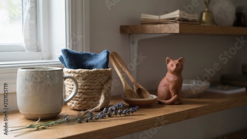 Rustic kitchen shelf decor with wooden shelf near window displaying ceramic mug small clay cat sculpture
