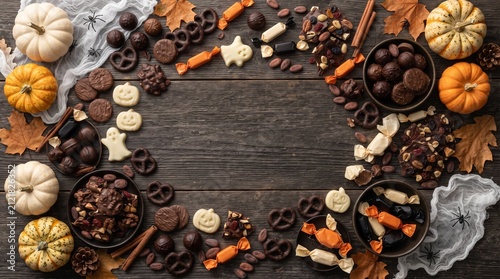 A Halloween-themed assortment of pumpkin-shaped cookies, chocolates, and candies is artfully arranged on a rustic wooden surface, evoking the spirit of the holiday.