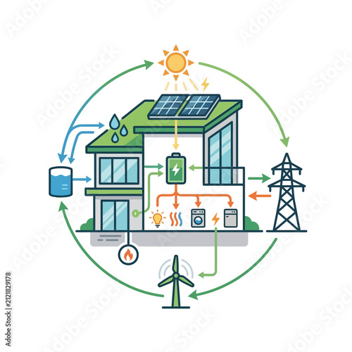 Sustainable house diagram displays a complex grid system with solar panels, wind turbines, and water cycles, using bright yellow sun and blue water icons to map energy flow on a plain white surface.