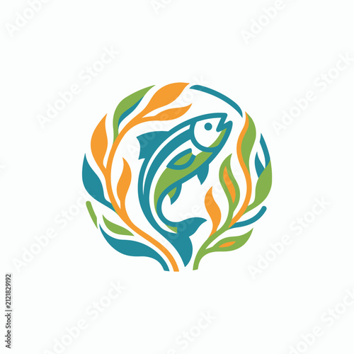 Fish swimming amidst stylized golden and teal aquatic seaweed patterns evokes a sense of fluid movement and marine elegance in this clean, balanced vector illustration set on a plain white field.