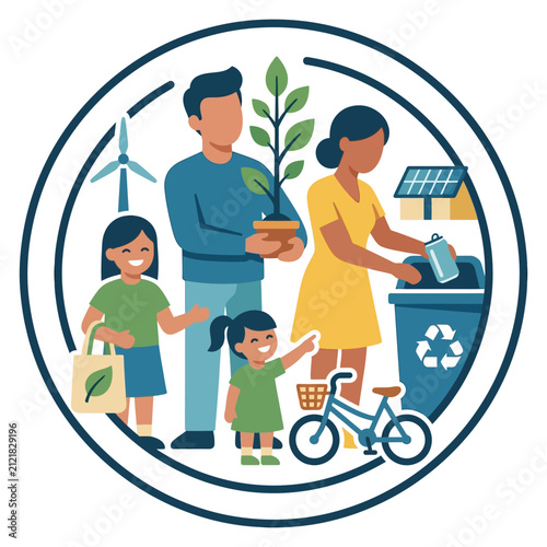Family standing together while engaging in eco-friendly habits like recycling and planting trees, presented as a circular graphic with vibrant colors and soft, clean textures for environmental.