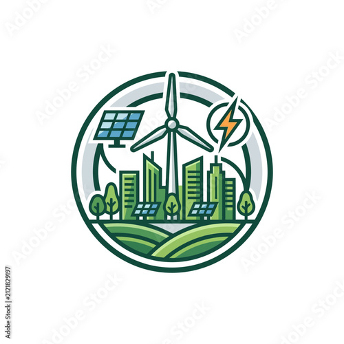 Cityscape icon showcases a sustainable urban environment with dense green trees and solar panels integrated into sleek building blocks under a central wind turbine symbol for clean power development.