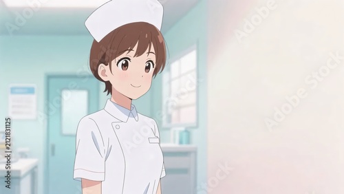病院の廊下で優しい笑顔を浮かべるナースキャップ姿のかわいい女性看護師