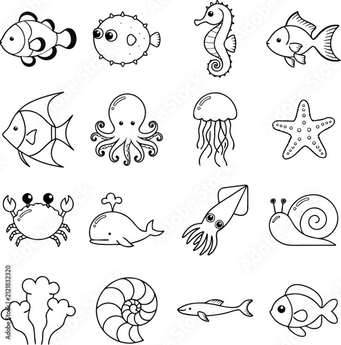 Cute Sea Creature Line Art Icon Set, Ocean Animal Coloring Page Vector Collection