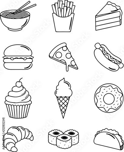 Food Line Art Icon Set, Fast Food and Dessert Coloring Page Vector Collection