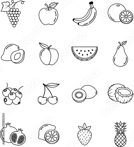 Adobe Illustrator Art work Fruit Line Art Icon Set, Fresh Fruit Coloring Page Vector Collection