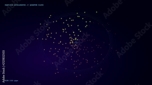 The quantum cloud computing simulation displays vibrant particles shifting through a circular interface to illustrate complex data flow and motion within a digital computing environment system