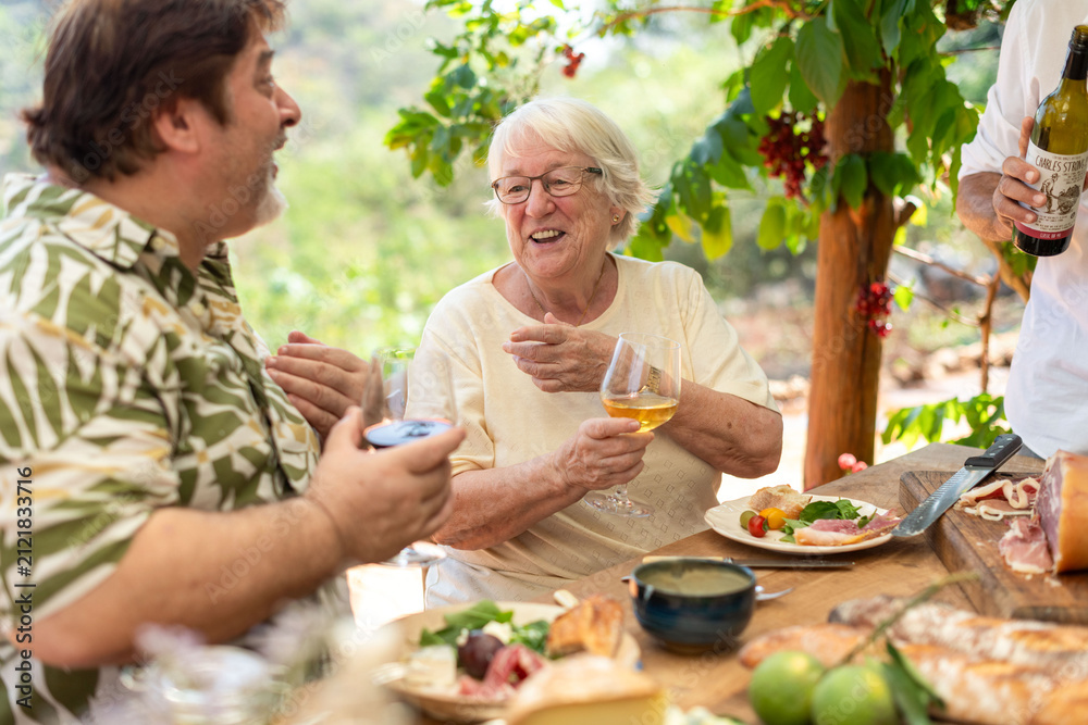 Obraz premium Smiling elderly white woman chatting at a vineyard table with friends