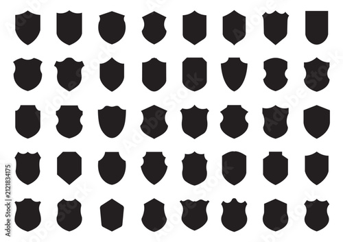 Shield silhouette icon set with 8 vector elements, heraldic coat of arms frames, black security badges and protection symbols for logo design