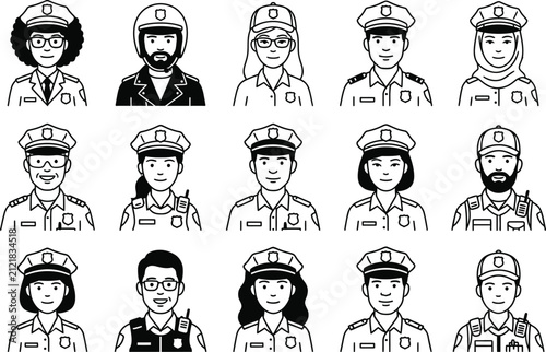 Police officer avatar icons set, diverse law enforcement character portraits in line art style, 15 professional security personnel vector illustrations