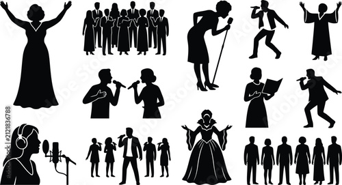 Konstfotografi Black silhouette of singers, vocalists, and choirs performing with microphones,