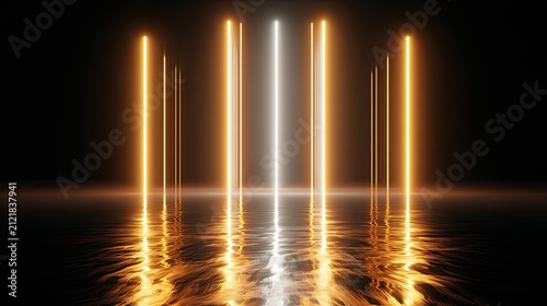 Glowing vertical neon lights illuminate a dark, reflective floor
