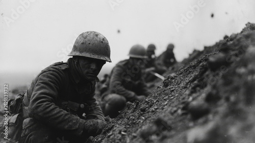 Soldiers in trench warfare, mud-covered helmets and uniforms, intense combat scene