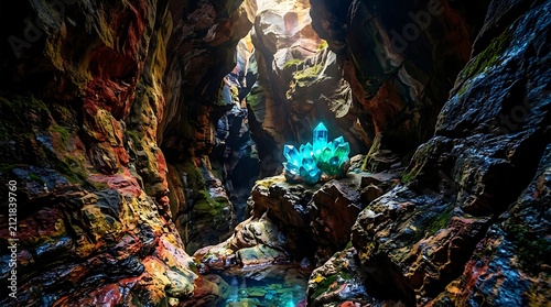 Luminous Blue Crystal Cluster Glowing Inside a Deep Mystical Canyon with Colorful Rock Formations