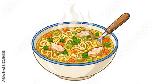 Delicious Steaming Hot Bowl of Chicken Noodle Soup with Fresh Vegetables and a Spoon for Healthy Meal