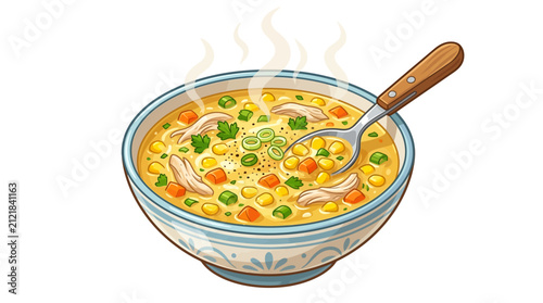 A comforting bowl of hot chicken and corn soup with fresh herbs and a spoon, perfect for a chilly day