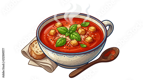 Hot Tomato Soup in Ceramic Bowl Garnished with Fresh Basil Leaves Croutons and Parmesan Served with Bread and Spoon