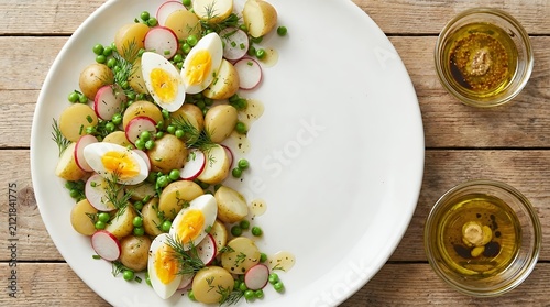 A fresh and vibrant spring salad composed of baby potatoes radishes organic farmer's eggs green peas and herbs all seasoned with a light dressing of olive oil mustard sauce balsamic and lemon for a