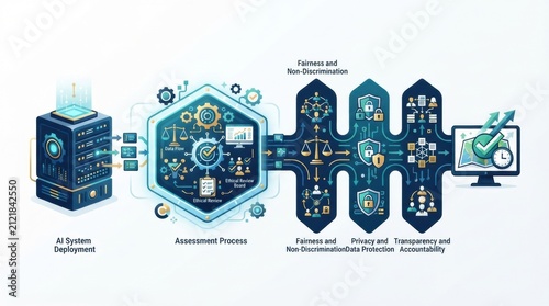 The visual explains the assessment process for AI systems, highlighting ethical review, fairness, privacy, and accountability.