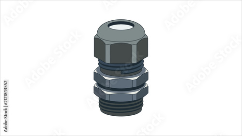 Technical illustration of a grey plastic cable gland connector isolated