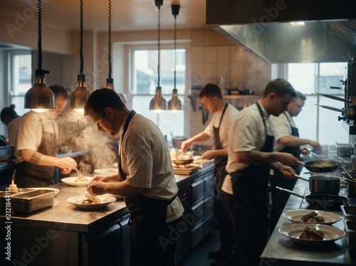Team of chefs working together in professional restaurant kitchen with culinary