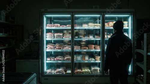 Man looking at products in illuminated grocery store refrigeration case