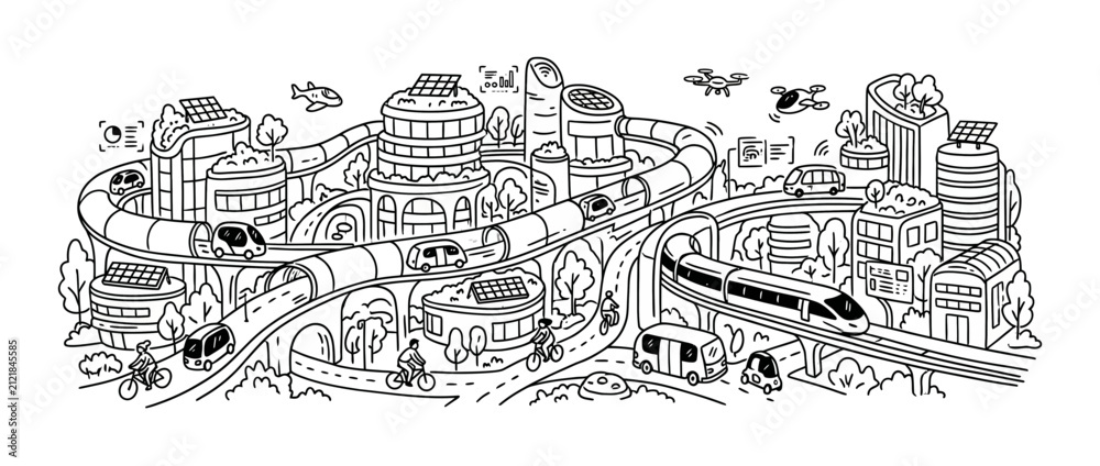Obraz premium Hand drawn illustration of a futuristic smart city landscape