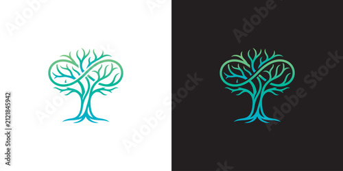 A vibrant tree logo design featuring intertwining infinity symbols among branches, presented on black and white backgrounds