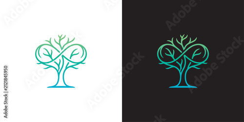 Eco-friendly tree logo concept featuring an infinity symbol shape in gradient green and blue colors