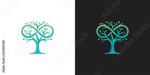Abstract Infinity Tree Logo Design Featuring Intertwined Branches and Foliage for Sustainable Environmental Branding and Growth Concepts