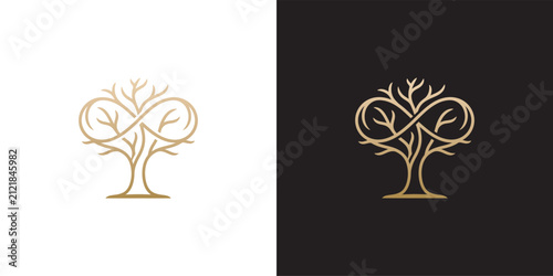 Elegant Golden Infinity Tree Logo Design Featuring Intertwined Branches Symbolizing Eternal Nature and Growth