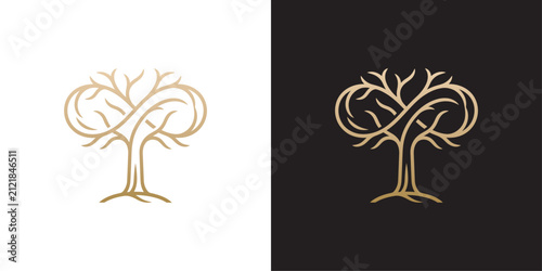 Elegant gold tree infinity logo design vector illustration isolated on white and black background