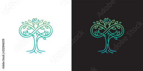 Modern Abstract Tree Logo with Infinity Symbol Representing Eternal Growth, Life and Nature Sustainability in Blue and Green Gradient