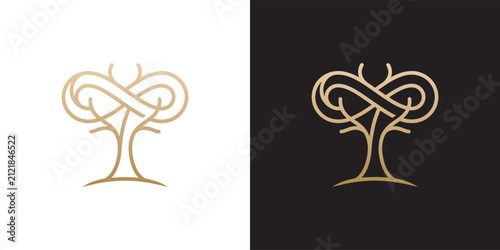 Minimalist Golden Infinity Tree Symbol Linear Emblem for Holistic Branding and Nature Inspired Corporate Identity Designs