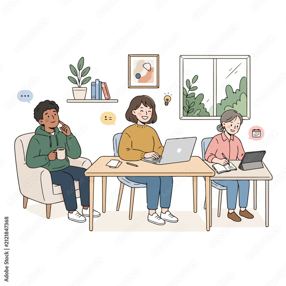 Fototapeta premium Creative team collaborating in home office using technology and traditional notes.