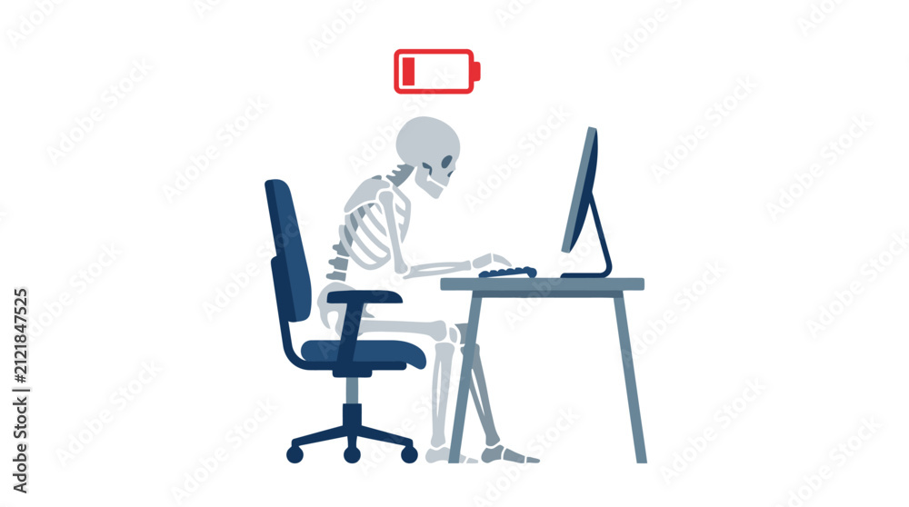 Fototapeta premium Exhausted skeleton working at computer with low battery icon. EPS Editable