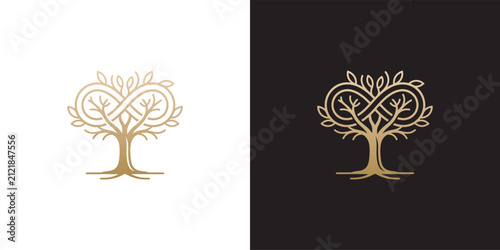 Gold infinity tree logo design vector illustration featuring an abstract branching plant symbol for branding and luxury corporate identity on white and black background
